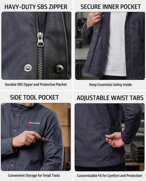 Heavy Duty Flame Resistant Welding Jacket For Men With 9.5 Oz 100 Percent Cotton Fabric Nfpa 2112 Certified features heavy-duty zipper and secure pockets.