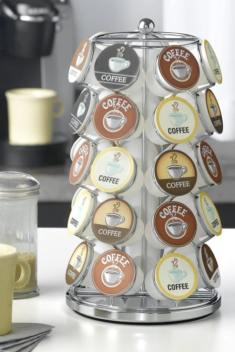 K Cup Pod Carousel Organizer With 360 Degree Spin Holds 35 Pods Lazy Susan Coffee Stand Chrome Modern Design.