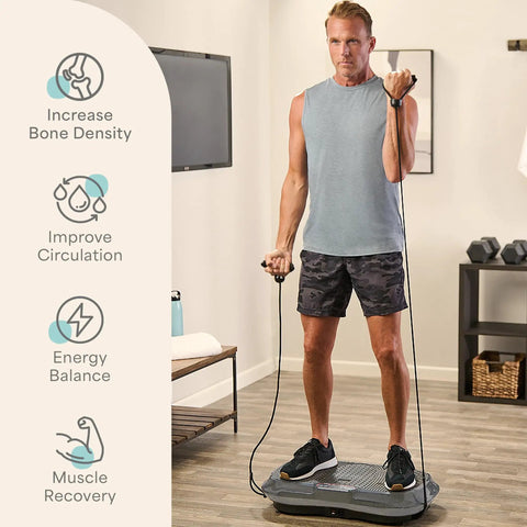 Man using Waver Vibration Plate Exercise Machine With High Intensity Full Body Vibration For Muscle Activation, Loop Bands for workout