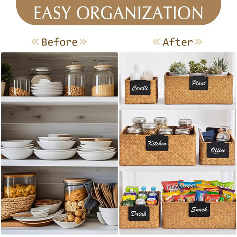 Top Shelf Seagrass Basket Set Features Six Dang Good Pantry Organizers With Snazzy Pre Printed Labels For A Spotless Home Makeover Across Closets Counters And Mudrooms Anywhere - before and after organization image.
