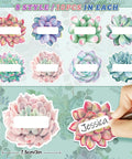 80Pcs Back To School Succulent Name Tag Stickers Set With 8 Designs Rustic Bloom Labels showing dimensions and hand writing 'Jessica'