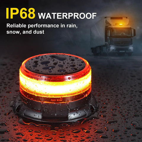 Badass Solar LED Amber Beacon Light With Weather Resistant Magnetic Base And Rechargeable Rotating Strobe Lamp For Pickups Tractors Golf Carts And Job Site Rigs on wet surface with raindrops.