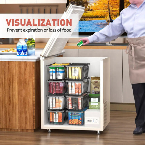 Real Game Changer Freezer Storage System Four Pack Black Bins Designed For Deep Freeze Organization Keep Your Frozen Food Stash Hella Neat And Effortlessly Organized with various foods inside.