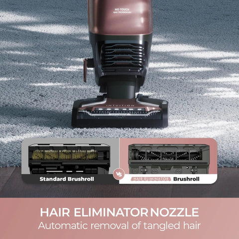 Kenmore Intuition Bagged Upright Vacuum With Hair Eliminator Brushroll showing automatic hair removal feature on plush carpet.