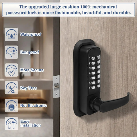Badass Heavy Duty Stainless Steel Keyless Gate Lock With Handle Outdoor Fence Waterproof Black Silent Self Closing Latch displayed on door.