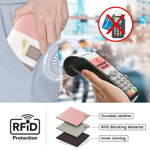 RFID Blocking Large Capacity Womens Bifold Wallet With ID Window Zipper Coin Pocket Dope Ice Cream Design Vegan PU Leather Card Holder Long Purse displayed being protected by RFID signal