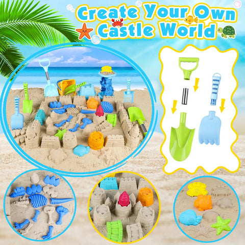 Kiddo Friendly 28 Piece Beach Sand Toys Set with shovels, molds, and dinosaur fossil kit on a sandy beach