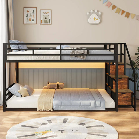 Rock Solid Low Twin Over Twin Bunk Bed With Game Changing Built In Storage Stairs Featuring Heavy Duty Steel Frame And Full Wrap Around Safety Rails In Sleek Matte Black Kids Room Setup with plush toys and cozy blankets.