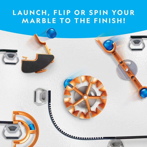 Magnetic Marble Run 75 Piece STEM Building Set with orange wheel and trick pieces on magnetic surface.