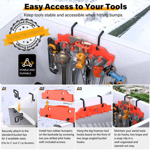 Bucket Truck Hook Organizer And Lineman Tool Board With Six Extended Hooks And Two Rounded Loops, attached to bucket holding tools.