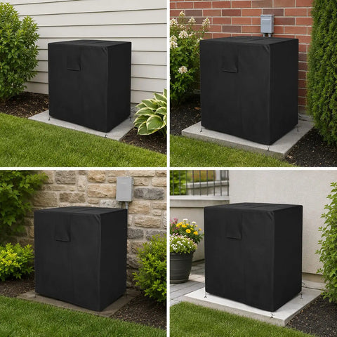 HeavyDuty Outdoor Air Conditioner Unit Cover With Slick Waterproof Oxford Fabric, black cover on various outdoor AC units.