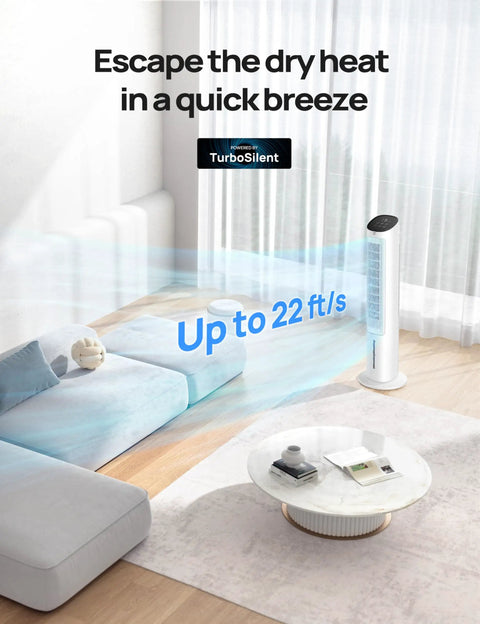 Evaporative Swamp Cooler With Bladeless Standing Fan And Removable Water Tank, Pairs Ice Packs And Fast Remote For That No Sweat Summer Chill, Four Speed Settings And Seven Hour Timer Best For Bedroom Or Office White, in living room with sofa and coffee table.