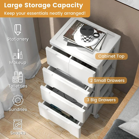 Five Drawer Rolling Storage Cart On Wheels White Plastic Organizer For Home Office And Living Room Mobile Cabinet With Three Large And Two Small Drawers Durable Vertical Storage Tower 16x13x31 showing open drawers and items on top