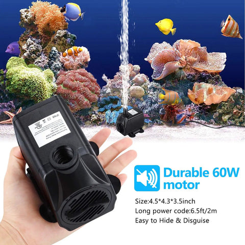 880 GPH Submersible Fountain Pump 60W Built Tough For Outdoor Use With 6.5 Foot Tubing, displayed with underwater view in aquarium