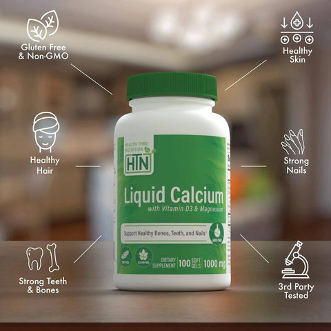 Liquid Calcium Magnesium Vitamin D Bone Boost With Boron And Six Calcium Sources Three Magnesium Forms Third Party Tested Non GMO Gluten Free Promotes Strong Bones And Healthy Joints Pack Of 100 bottle on a countertop.