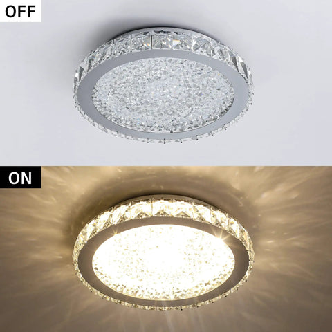Mini Flush Mount LED Ceiling Light With Crystal K9 Glow That Is Lit, 10.24 Inch Overhead Fixture displaying off and on states