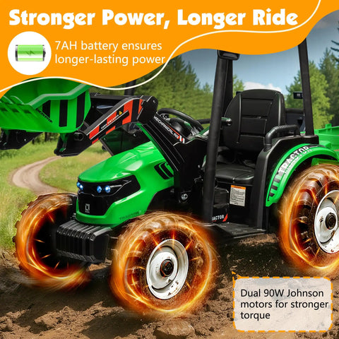 Killer 24V Kids Tractor Ride On With Easy Grip Remote Control And Detachable Trailer Heavy Duty Metal Frame Construction Toy showing strong 7AH battery and dual motors.