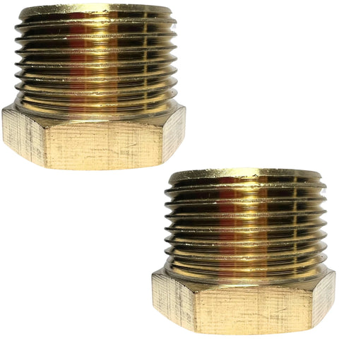 Two pack brass NPT reducer adapter with hex bushing, 3/4 inch male to 1/4 inch female fittings, leak-resistant and durable construction.