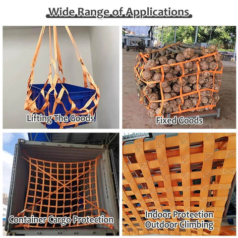 Four uses of Tough Tear Resistant Nylon Cargo Sling With Heavy Duty Polyester Cargo Net Hoist for various applications