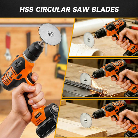 Ultimate 55 Piece All In One Rotary Tool Cutting Wheel Kit With HSS blades cutting wood, metal, and PVC up to 20000 RPM.