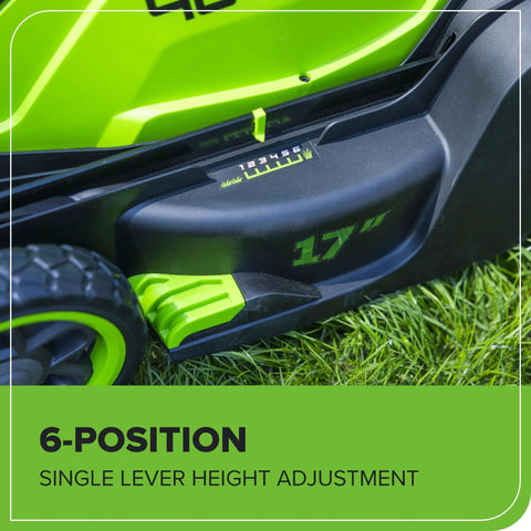 Close-up of 40V Cordless Lawn Mower With Brushless Motor, 17-Inch Deck showing 6-position height adjustment feature.