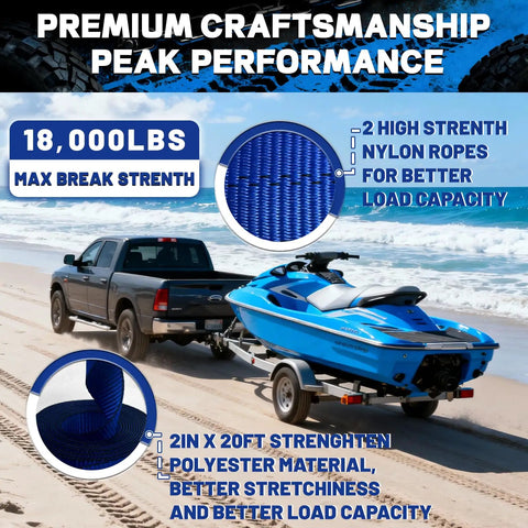 Rock Solid Boat Winch Strap With Zinc Plated Safety Hook 2 Inch By 20 Foot 18000 Lb Breaking Strength Marine Grade Polyester Webbing on beach with jet ski and truck.