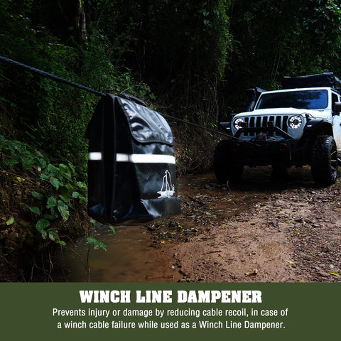 Off-road scene with Jeep using winch and Beefy Off Road Winch Recovery Kit 8 Piece Set With 4x20 Tow Strap 4x8 Tree Saver.