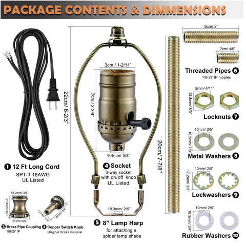 3 Way Socket Rewire Kit With 12 Foot Cord And Harp Set for Table or Floor Lamps, includes brass parts and hardware.