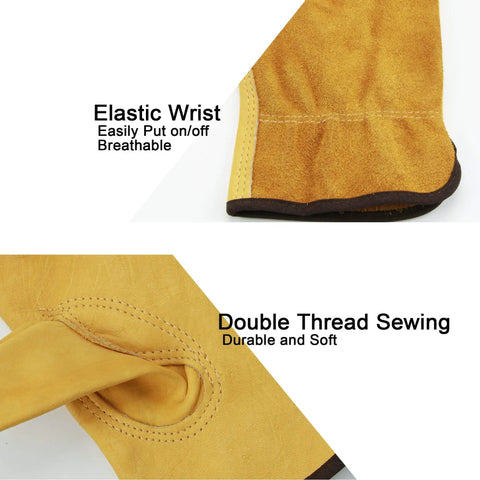Close-up of gold large Tough Cowhide Leather Work Gloves with Flex Grip showing elastic wrist and double thread sewing details.