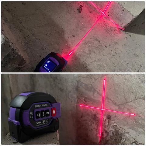 3 In 1 Laser Tape Measure With 197ft Long Range Laser, 16ft Manual Tape, AutoLock, Cross Line Laser Guidance, Unit Switch Ft In M, Measures Area Volume And Pythagorean Purple Finish on concrete wall