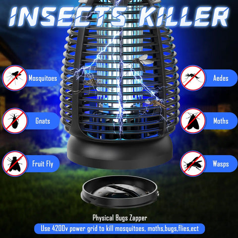 Outdoor Bug Zapper With 4200V High Voltage Insect Killer Waterproof LED Light For Mosquitoes Flies And Gnats Perfect For Patio Backyard Porch Garage And Indoor Outdoor Home Use showcasing design and function.