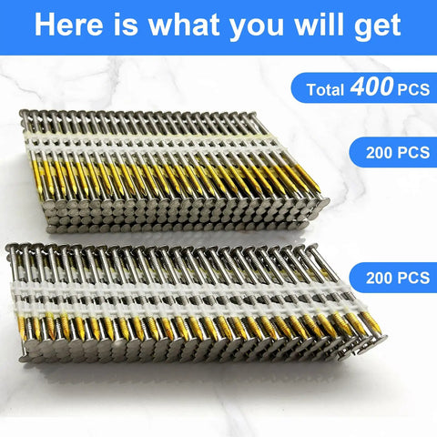 Top Shelf 304 Stainless Steel Framing Nails For Cordless Nail Guns Packing 21 Degree Collation With Serious Rust Resistance In 2 To 3 Inch Sizes Delivered In A Rock Solid 400 Pack For Tough Job Site Tasks, showing stacks of nails.