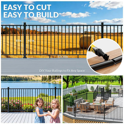 Top Shelf Heavy Duty Modular Aluminum Deck Railing Kit Four Pack 42 Inch Guardrail Height 8 Foot Sections Ibc Irc Astm Compliant Wobble Free Easy Setup For Porches And Stairs displayed on a deck with measurements.