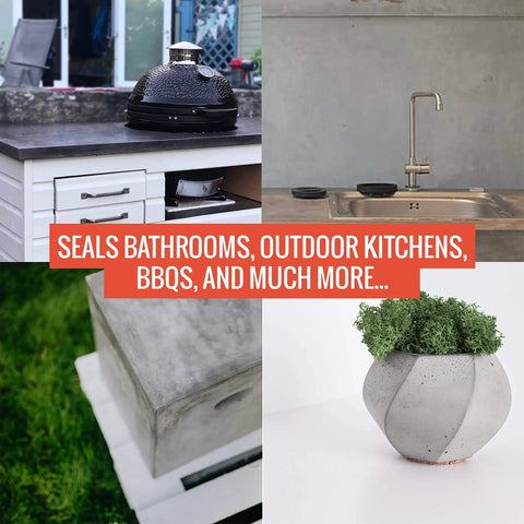Collage showcasing Concrete Countertop Sealer For Food Prep, High Heat Up To 392 Fahrenheit, Waterproof Matte Finish use in various areas.