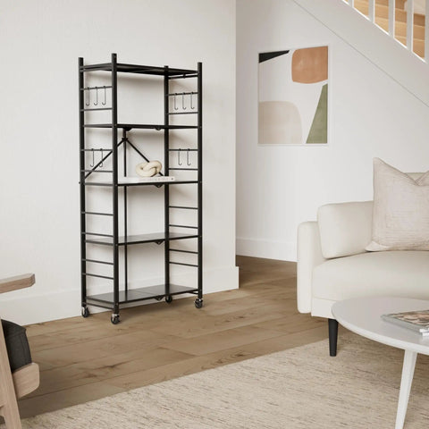Slick Black Five Tier Foldable Storage Shelf With Casters And Twenty Hooks Quick Kitchen Pantry Cleanup No Fuss Assembly Solid Build For Tight Spaces And Daily Hauls in modern living room.
