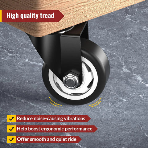 Heavy duty 3 inch swivel caster wheels with steel frame on concrete floor for quiet and smooth mobility, pack of 4 high-performance casters.
