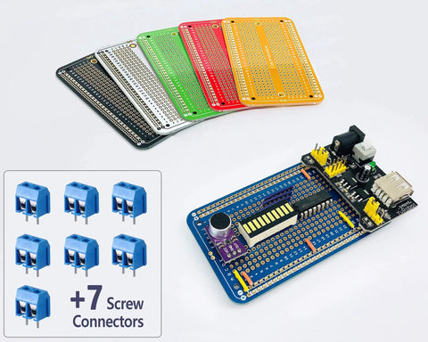 Prototype Board Breadboard Style PCB Solder Board for DIY Electronic Projects with 6 Color Pack, 7 Screw Terminal Block Connectors