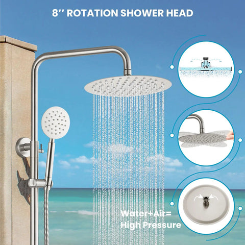 SUS304 Outdoor Shower System With Wall Mount, Heavy Duty High Pressure Dual Function Faucet Set with rainfall head and handheld spray.