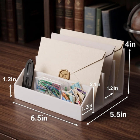 Two Pack 3 Slot Mail Organizer For Desk Space Saving With Front Accessory Tray and letters in white plastic on a wooden desk
