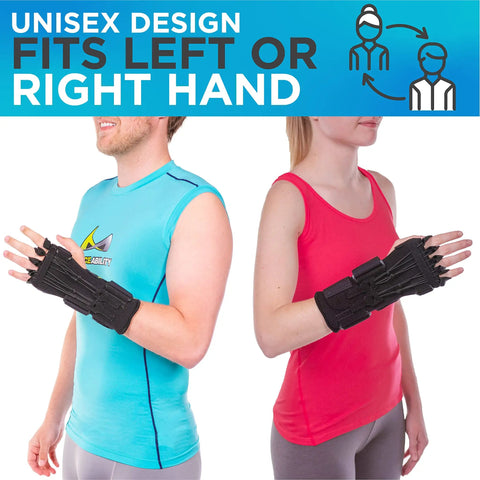 Two people wearing Radial Nerve Palsy Splint For Wrist Drop Relief, Dynamic Wrist Extension Brace, one size, on left and right hands.