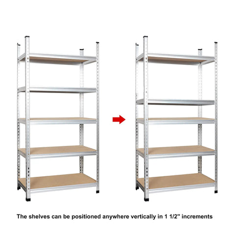 Rock Solid Five Tier Aluminum Storage Shelving Rack With Adjustable Heavy Duty Platforms For Garage Workshop And Home Top Notch Frame showing adjustable shelves.