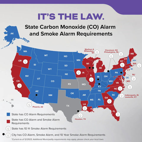 Map showing state regulations for Carbon Monoxide and Smoke Alarm requirements in the U.S., indicating CO laws and alarm needs.
