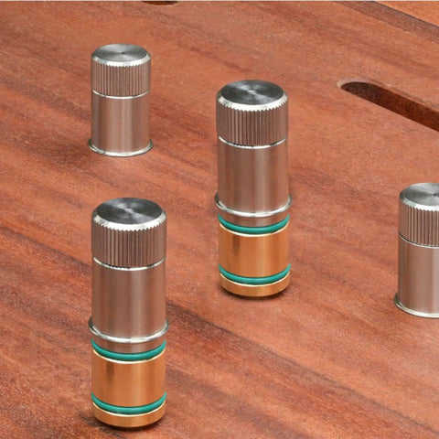 Self-Locking Table Stop Set For Workbench Holes on wooden surface, showing non-slip 20mm crafting bench stop design.