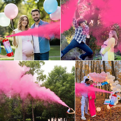 Go Hard On This Premium Gender Reveal Fire Extinguisher Two Pack spraying pink powder at a joyful baby shower celebration.