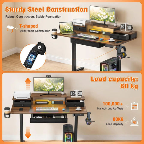 Electric Standing Computer Desk With RGB Lighting And Drawers For Home Office Gaming Setup Adjustable Height Ergonomic Workstation shown with sturdy steel construction and load capacity details.