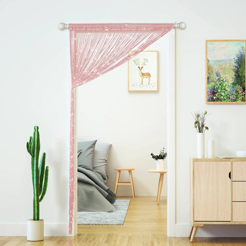 Light Pink Beaded String Curtain For Doorways With Glitter Beads Privacy Panel For Door Window Closet Laundry Room And Living Spaces 39 Inch Wide By 79 Inch High Polyester Eco Friendly Easy Hang With Hooks For Quick Setup shown in a doorway