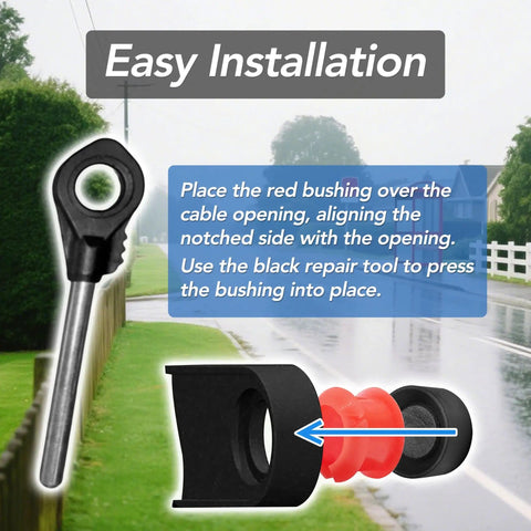 Universal Transmission Shift Cable Bushing Repair Kit Install Tool For 2003 2017 Suzuki Grand Vitara, 2000 2017 Toyota Sienna, And 1993 2017 Toyota Corolla, No Fuss Quick Fix For Sticking Shifts And Hard To Engage Gears, showing easy installation steps.