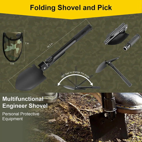Foldable black engineer shovel with a pick and camo pouch, suitable for outdoor use, shown in various positions.
