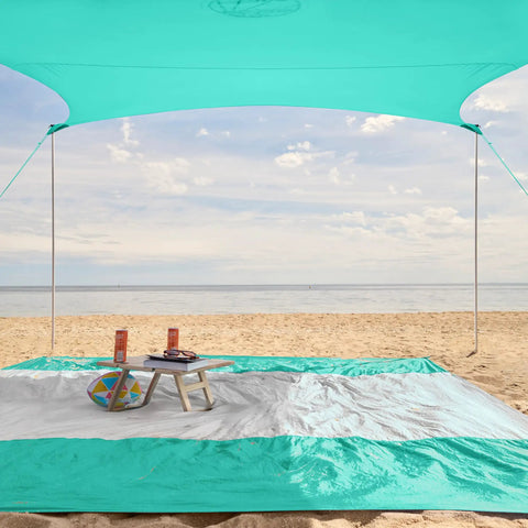 No Fuss Setup Beach Tent Sun Shelter with four poles, big sandbags, and shovel, six foot seven inch tall windproof canopy, UPF 50+