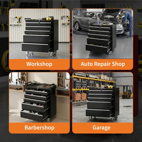 5 Drawer Rolling Tool Chest On Wheels With Locking System And Drawer Liners Beefy Heavy Duty Steel Tool Storage Cabinet in various settings.